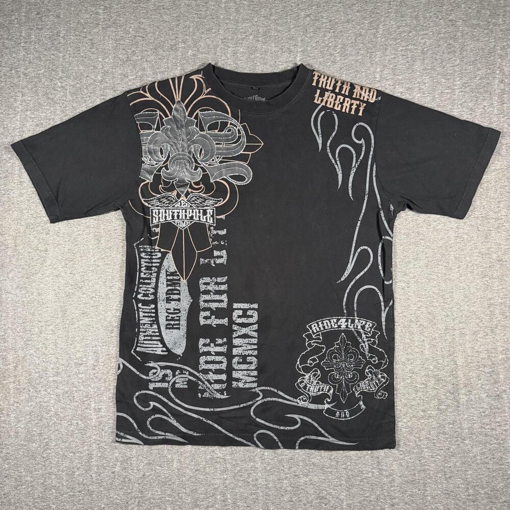Vintage Y2K Southpole Ride 4 Life T Shirt Large Fleur De Lis Hip Hop Black